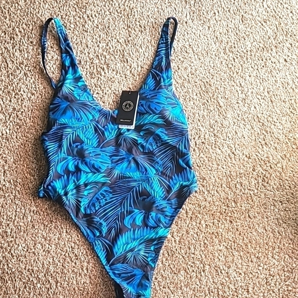 NWT Relleciga blue leaf high cut cheeky pads one piece swimsuit size L